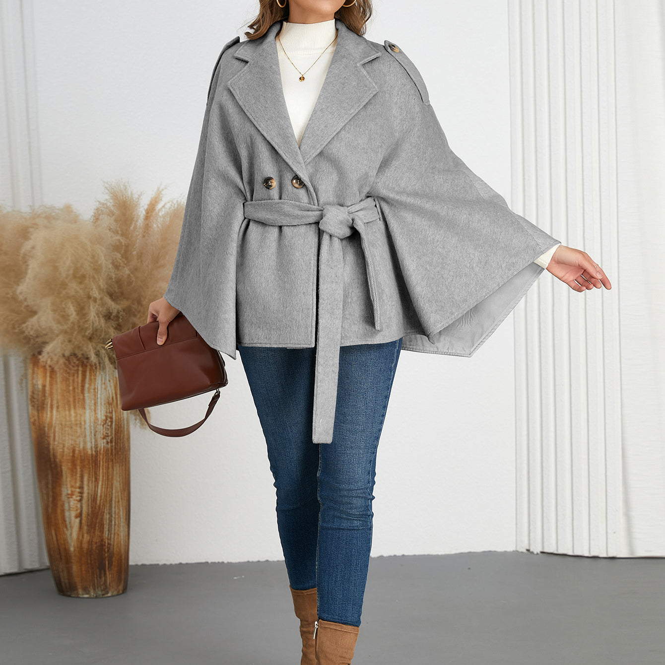 Gray belted cape coat from Winter Woolen Coat, blending style and warmth in fashion ملابس