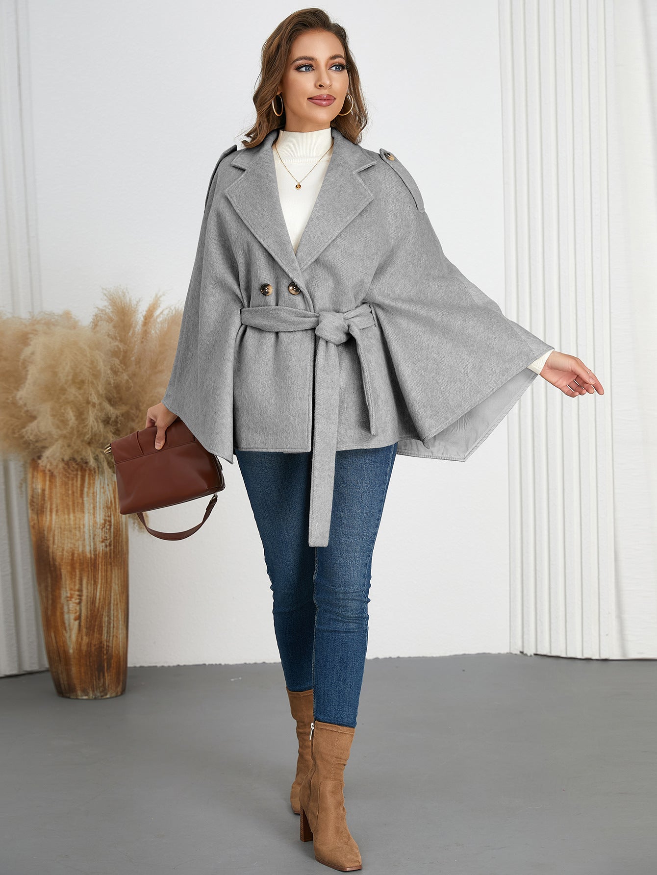 Gray belted cape coat from Winter Woolen Coat, blending style and warmth in fashion ملابس