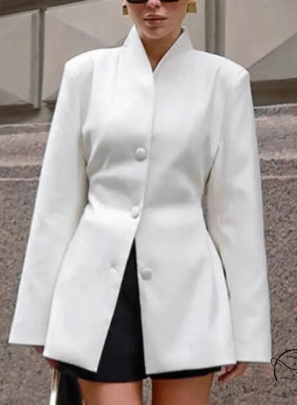 Langry fashion white waist-fitted slim blazer with high collar and buttons