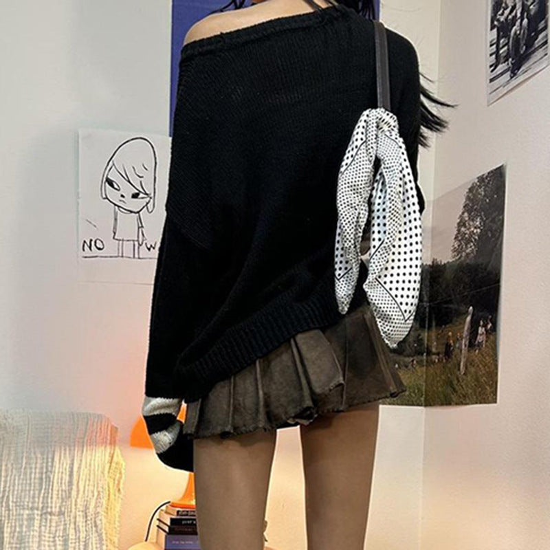 Black off-the-shoulder sweater with pleated skirt from Winter Loose Pullover Sweater, stylish ملابس for langry fashion
