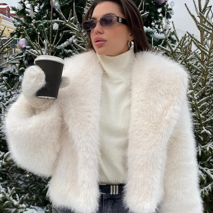 Gorgeous faux fur Langry fashion jacket with black belt and sunglasses