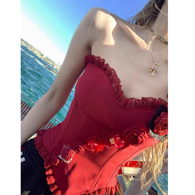 Red rose strapless handmade lace boning corset with ruffled silk bodice