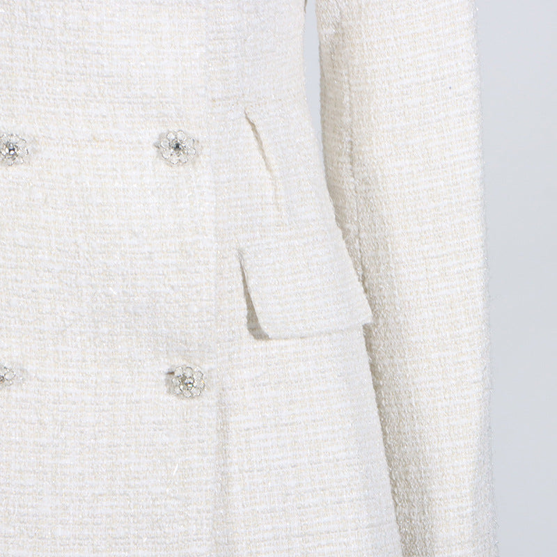 White tweed blazer dress with decorative buttons, perfect for fashion and ملابس elegance