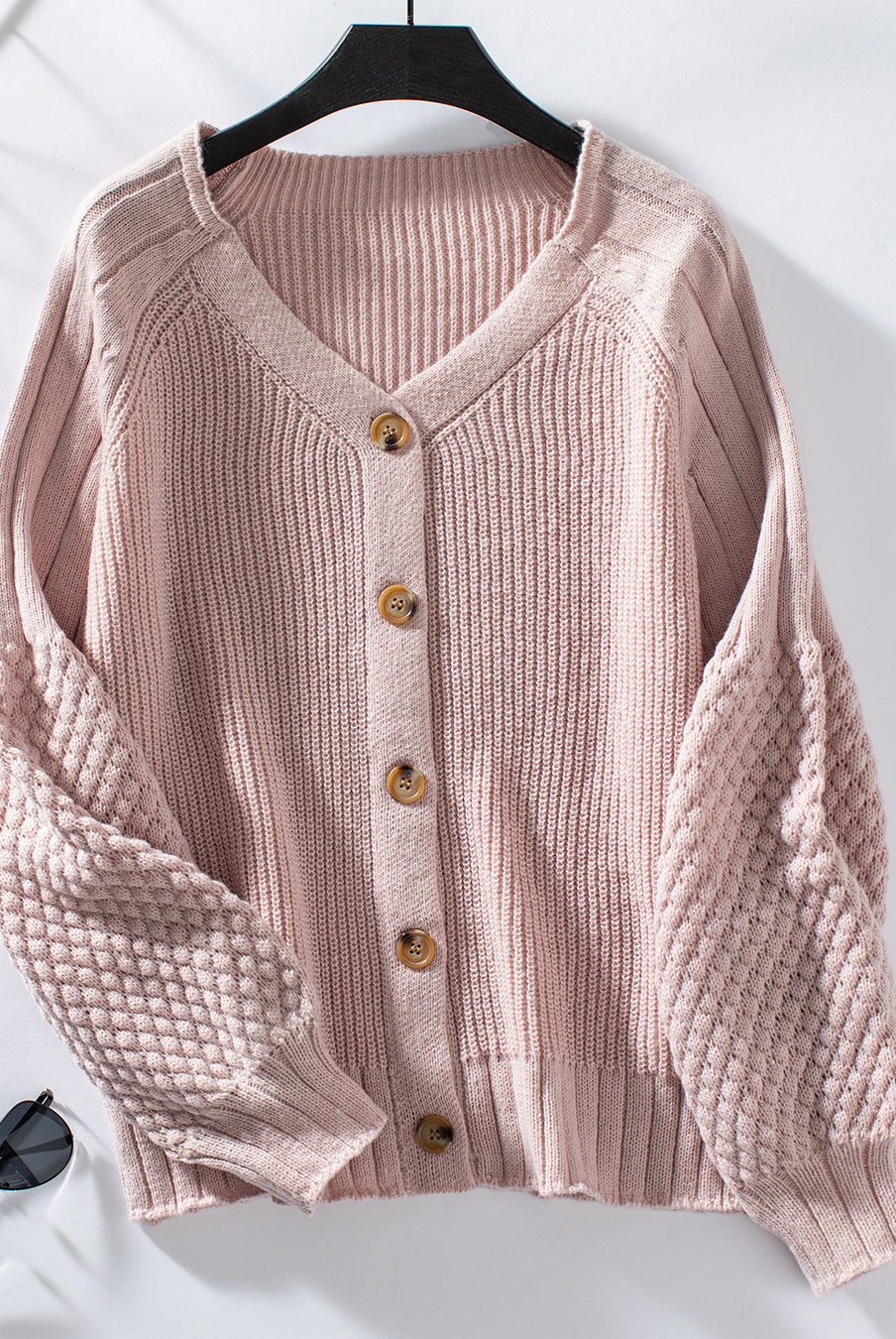Pink knitted cardigan casual loose lantern sleeve sweater with buttons for a relaxed look