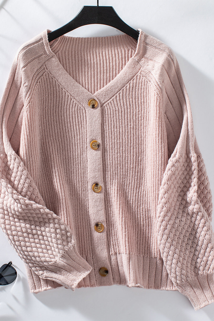 Pink knitted cardigan casual loose lantern sleeve sweater with buttons for a relaxed look