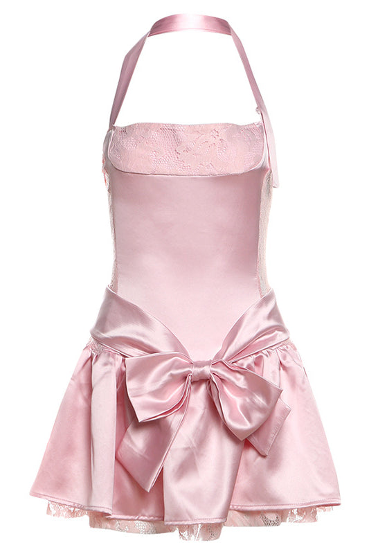 Pink satin halter dress with bow at waist, perfect for fashion lovers seeking ملابس elegance