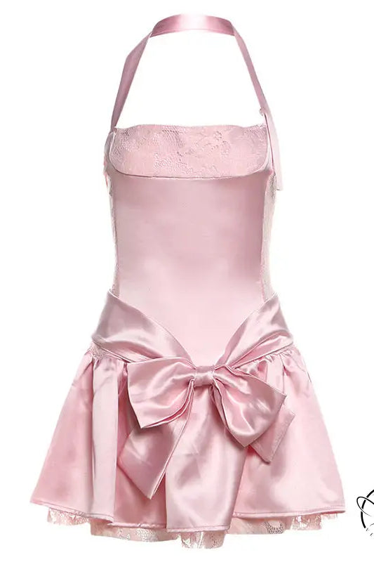 Pink attractive bow halter slim dress with satin fabric and waist bow