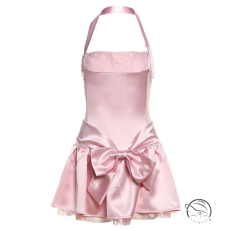 Pink attractive bow halter slim dress with satin fabric and waist bow