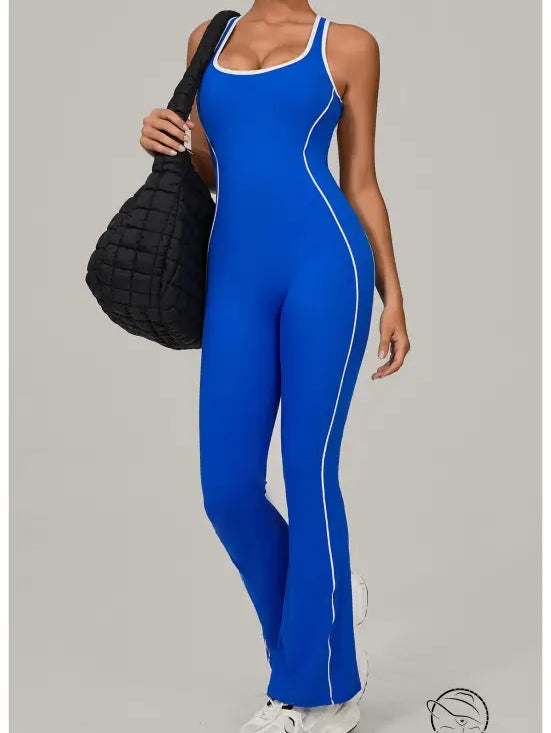 Royal blue Beauty Back Yoga Jumpsuit with white piping and thin straps in stretchy langry fashion