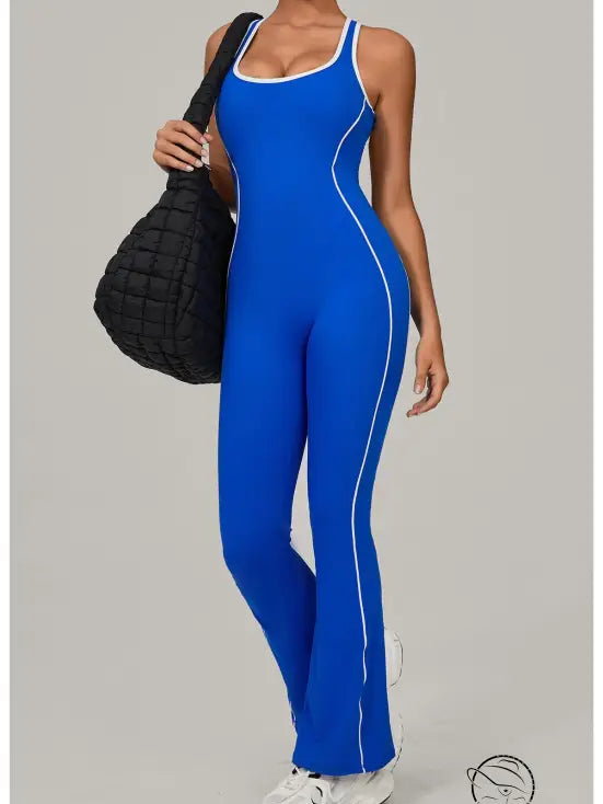 Royal blue Beauty Back Yoga Jumpsuit with white piping and thin straps in stretchy langry fashion