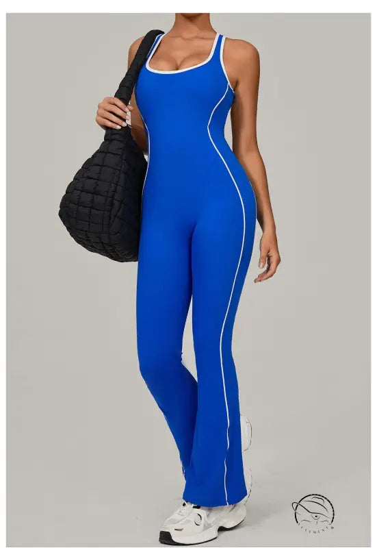 Royal blue Beauty Back Yoga Jumpsuit with white piping and thin straps in stretchy langry fashion