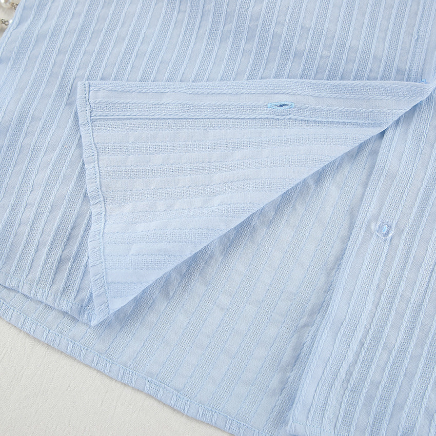 Light blue textured fabric with vertical stripes from pure cotton home wear long sleeves set