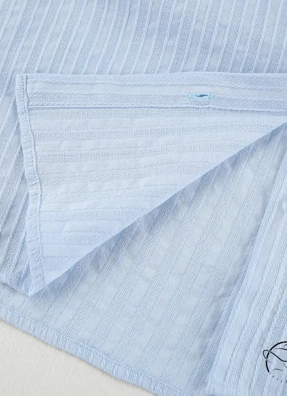 Light blue textured striped pure cotton home wear long sleeves cardigan set