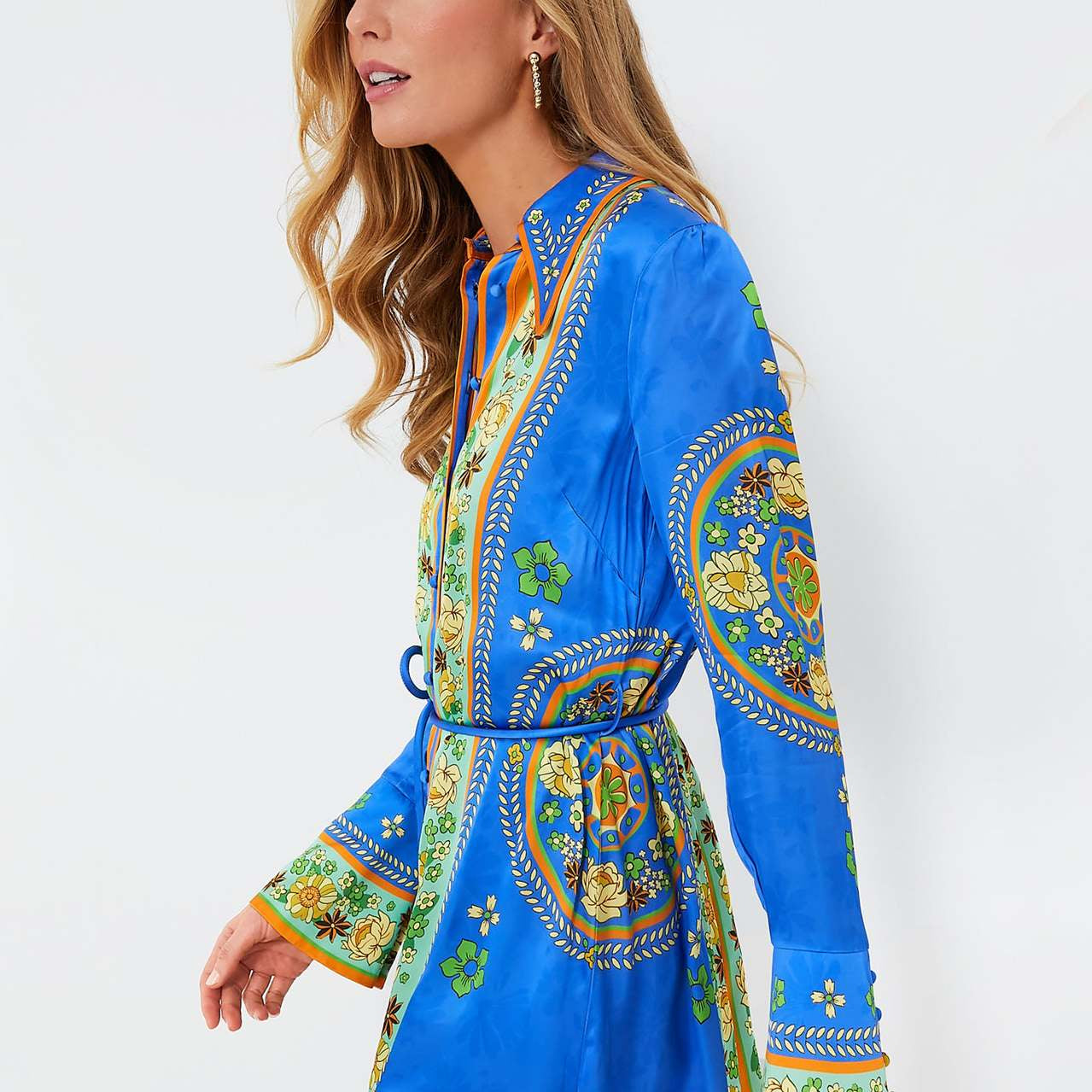 Collared Tied Waist Positioning Print Holiday Long Sleeve Dress Women