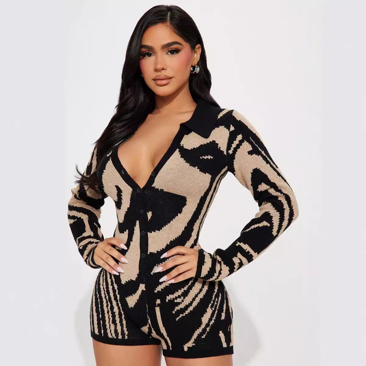 Stylish black and beige patterned long sleeve romper for casual fashion wear