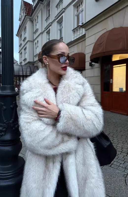Warm winter faux fur coat with high collar and long sleeves