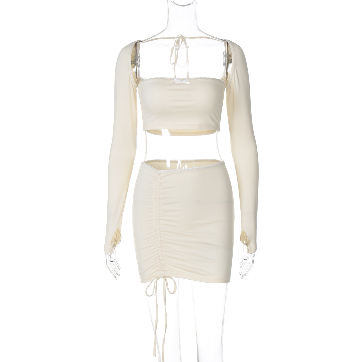 Cream-colored two-piece long sleeve dress set featuring lace backless design