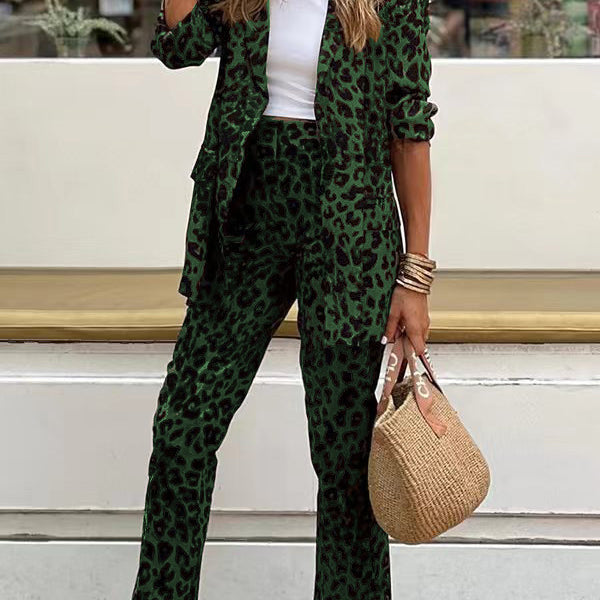 Green leopard print suit showcasing stylish fashion and ملابس for a bold look
