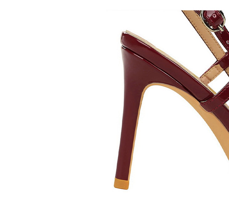Classy High Heels: burgundy patent leather sandal with gold accents