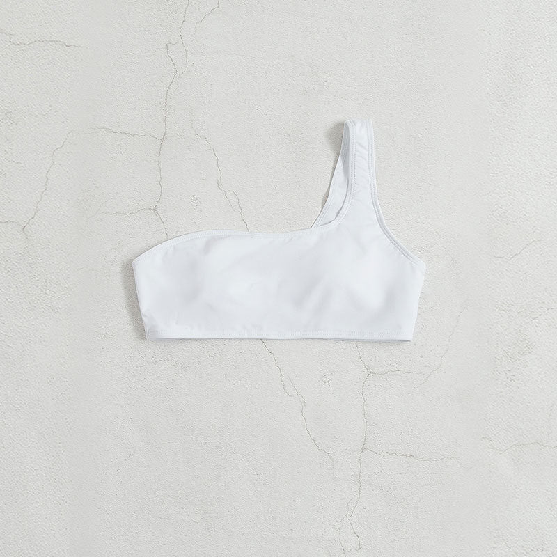 White one-shoulder swimsuit top in high waist multicolor cutout design for beach beauty