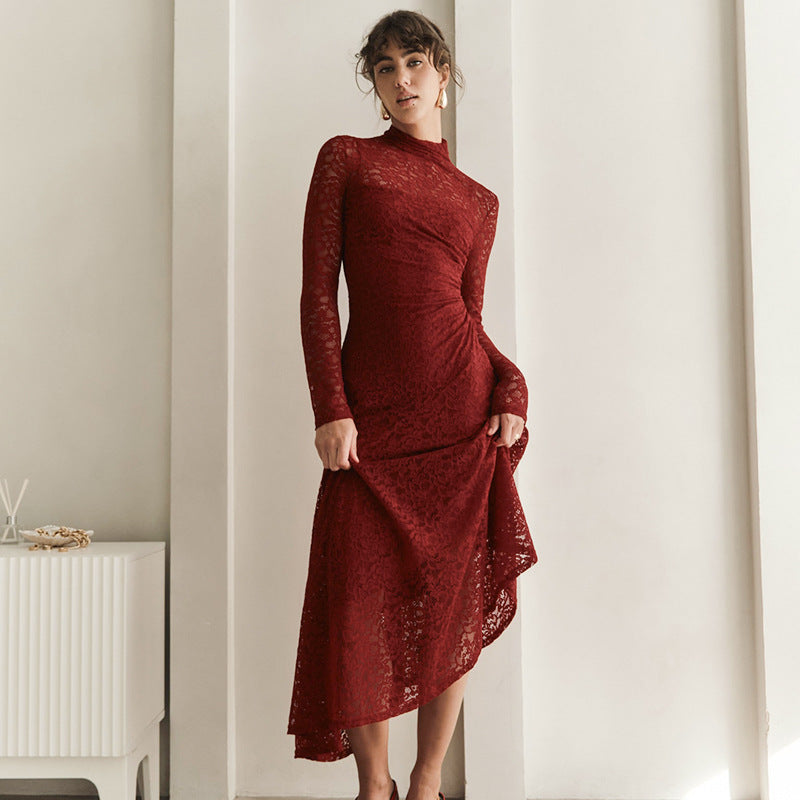 Elegant dark red lace midi dress with high neck and asymmetrical hem for fashionable ملابس