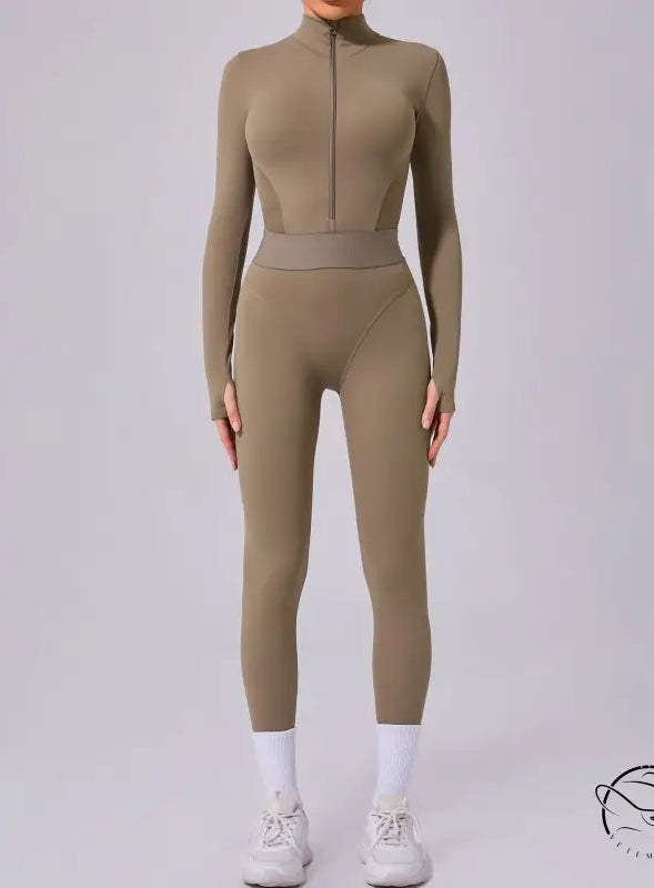 Olive-green comfy mesh stitching fitness one-piece jumpsuit by Langry Fashion