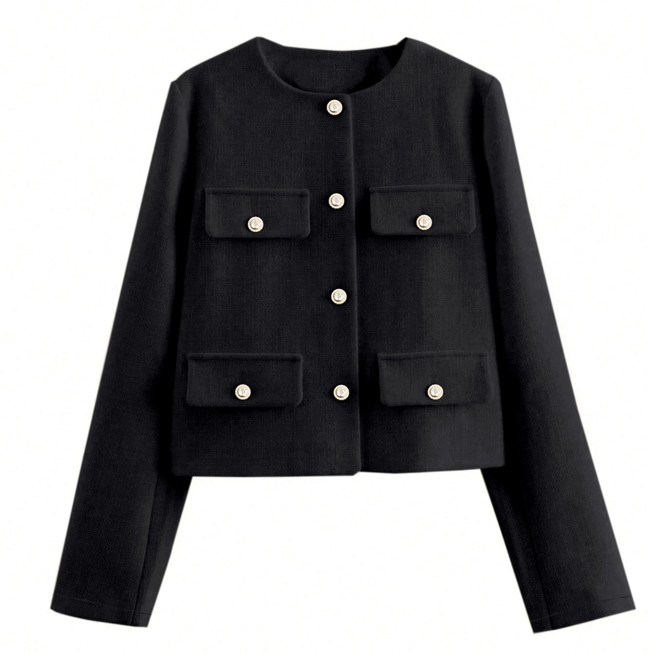 Round neck classic autumn short woolen coat with black cropped jacket, pearl buttons, and pockets
