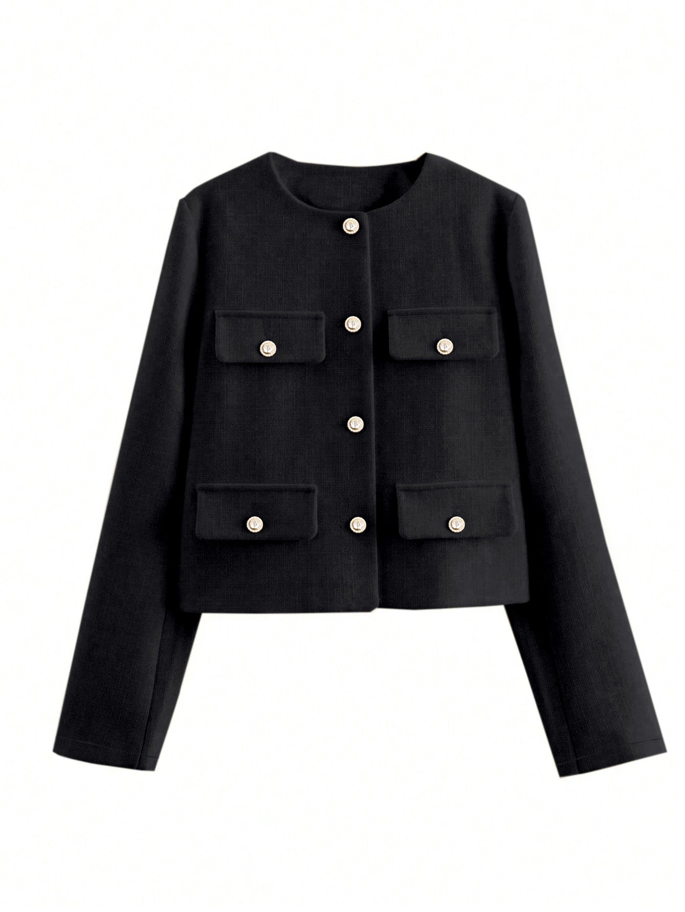 Round neck classic autumn short woolen coat with black cropped jacket, pearl buttons, and pockets