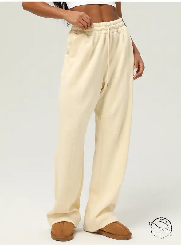 Cream-colored casual fitness yoga pants with elastic waistband