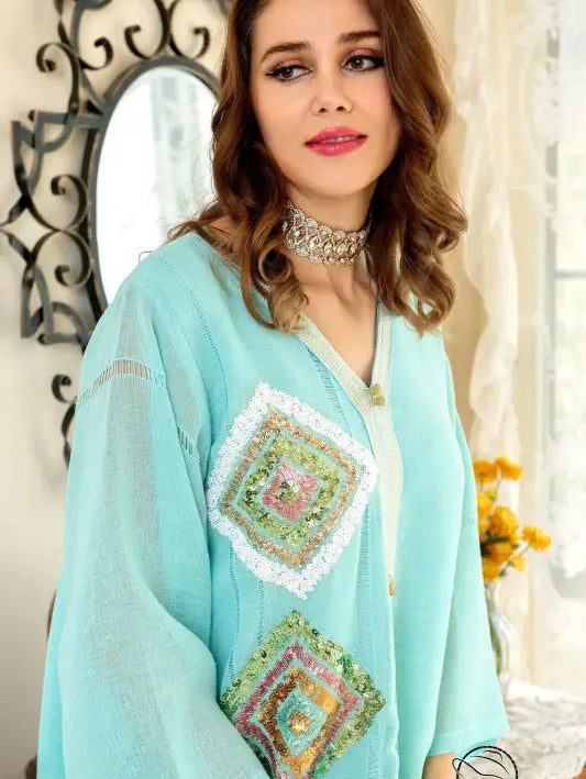 Light blue embroidered langry kaftan with floral patchwork and beads