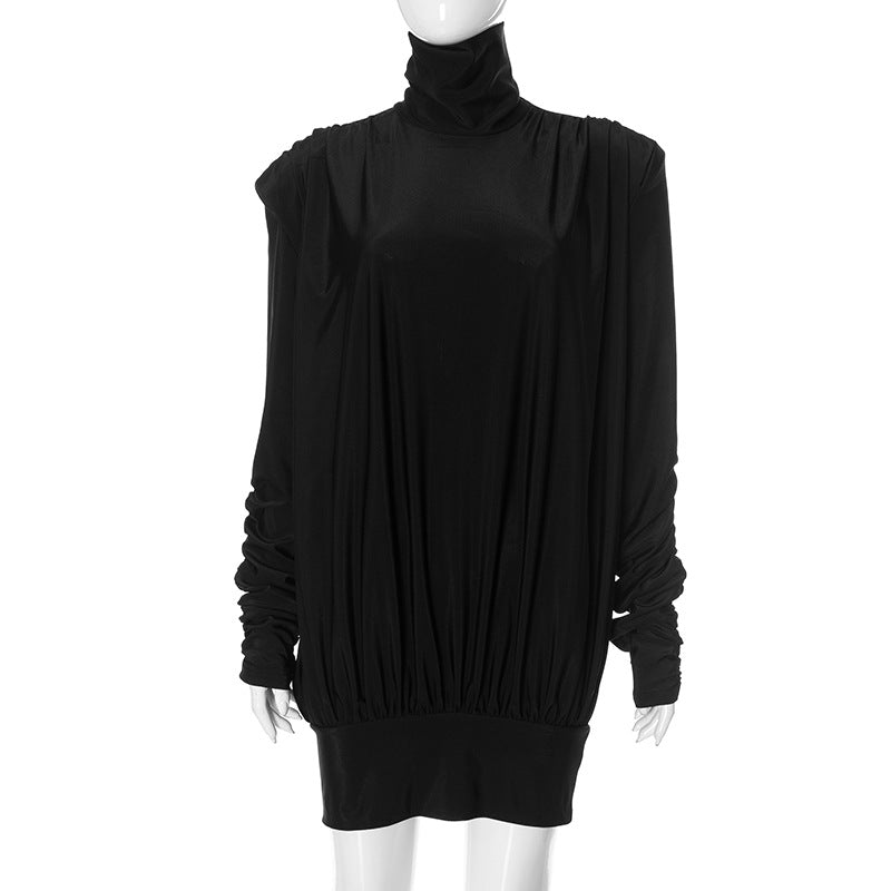 Black turtleneck mini dress from Loose Pleated Cute Backless Dress collection showcasing elegant langry fashion and ملابس style