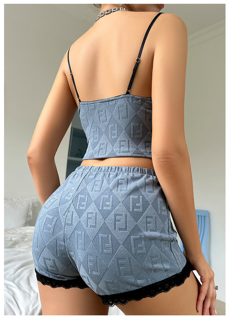 Light blue Langry Fendi logo loungewear set with black lace trim