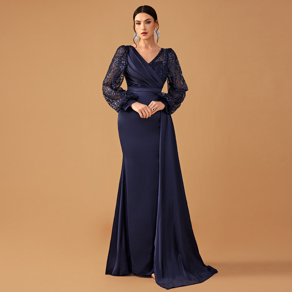 Elegant navy blue evening gown ideal for formal fashion events and special occasions