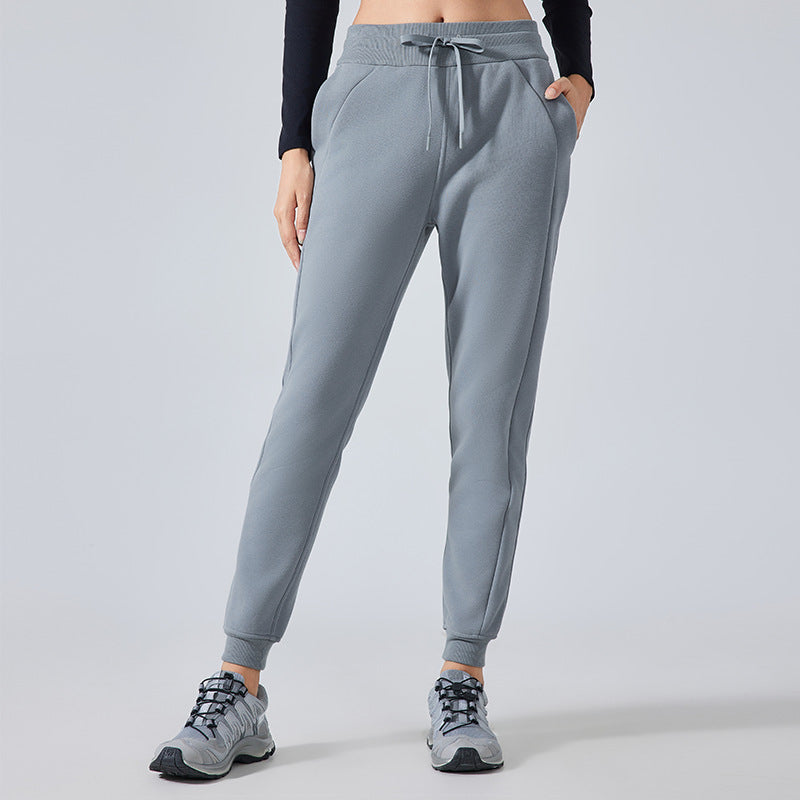 Gray drawstring jogger sweatpants for women, perfect for autumn winter fashion and fitness