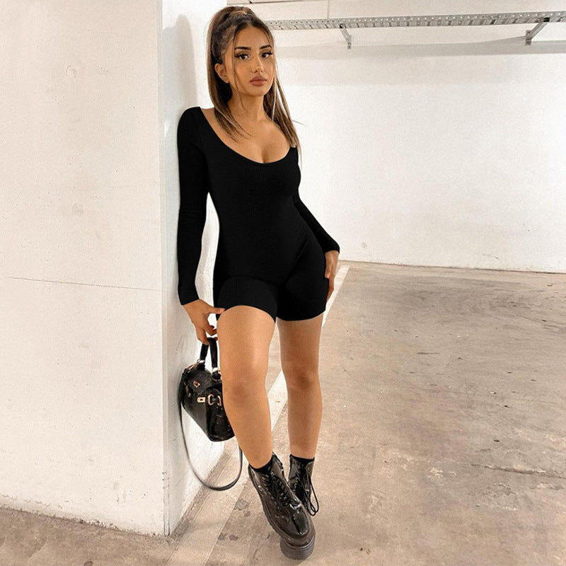 Women Clothing Winter Solid Color Rib u Neck Long Sleeved Slim Fit Hip Raise Sports Jumpsuit