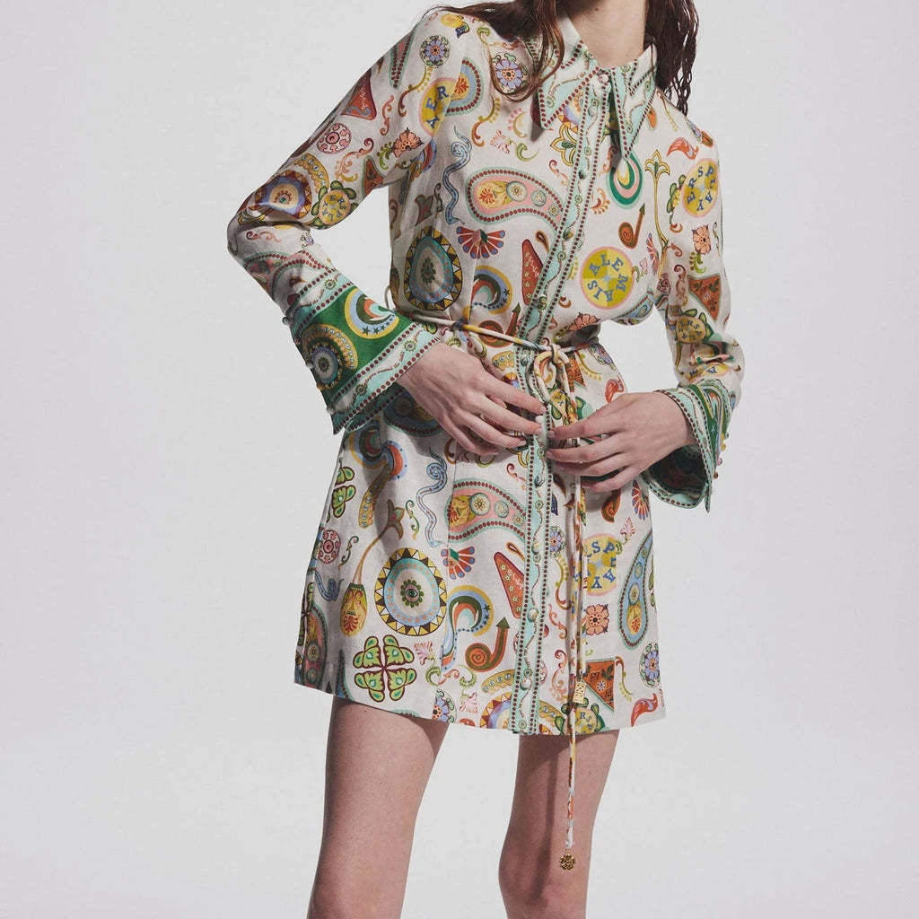 Elegant Socialite Collared Tied Waist Positioning Printing Linen Vacation Long Sleeve Dress Women