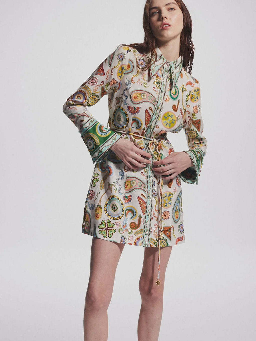 Elegant Socialite Collared Tied Waist Positioning Printing Linen Vacation Long Sleeve Dress Women