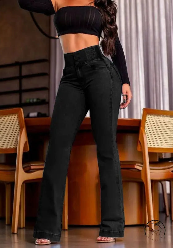 Black high-waisted flare jeans with beautiful stretch hip lifting denim