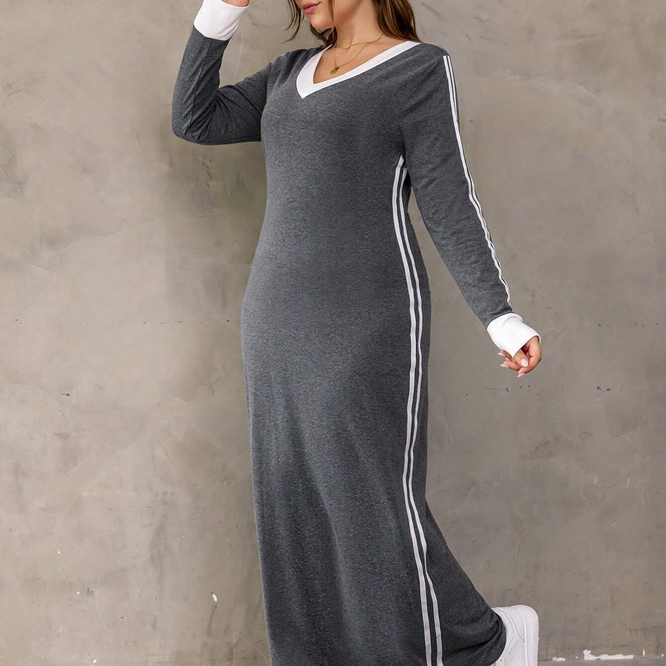Gray maxi dress with white stripes, perfect for winter fashion and layering styles