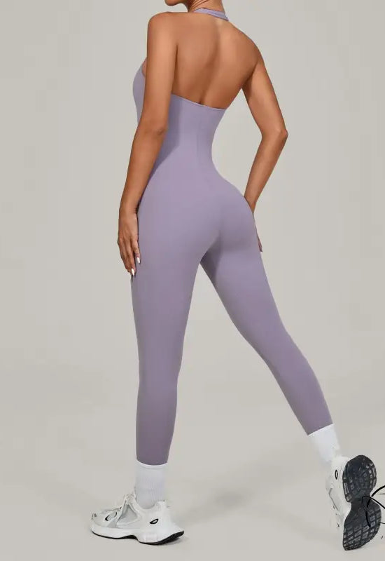Sleek lavender langry fashion halter yoga jumpsuit for outdoor workouts