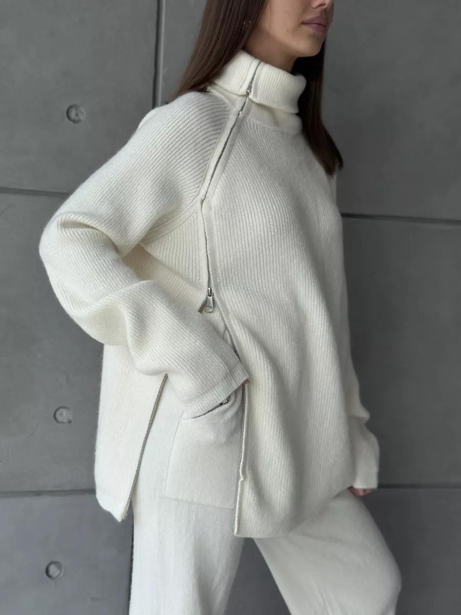Cream-colored turtleneck sweater with zipper detail in Langry Fashion ملابس collection