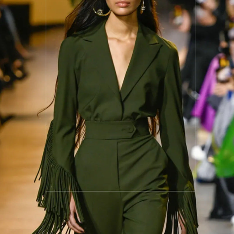 Olive green long sleeve casual office suit with fringe sleeves and wide leg pants set
