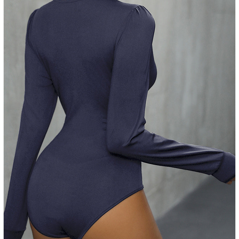 Deep blue long sleeve bodysuit with modest neckline from Fall Women Clothing fashion