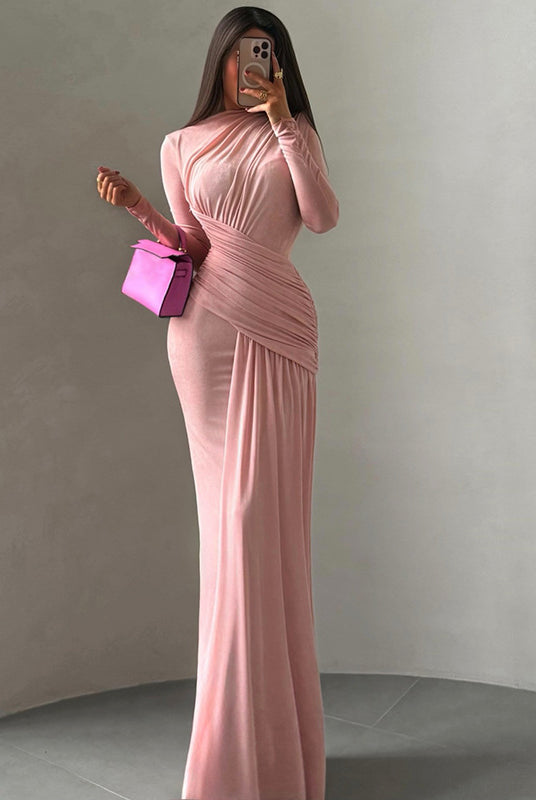 Pink winter pleated slim fit maxi dress with long sleeves and high neckline