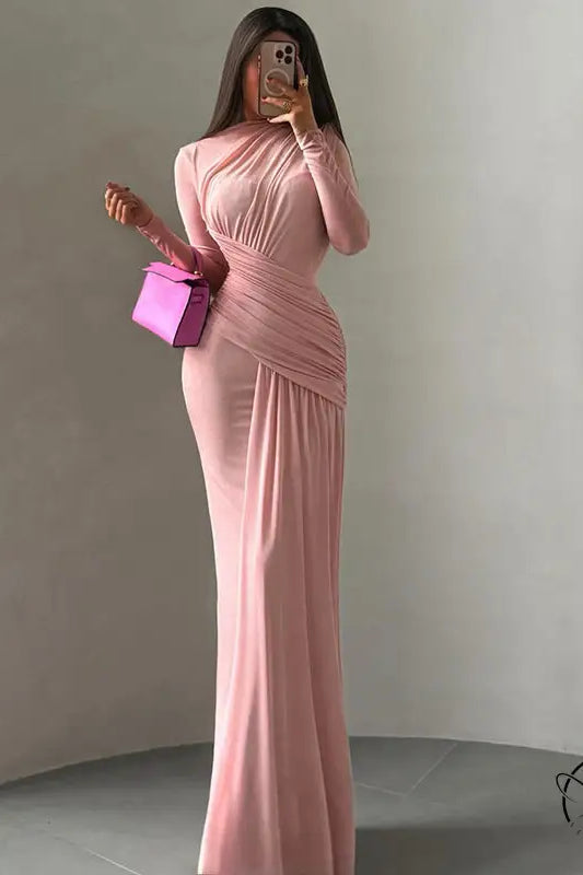 Pink winter pleated slim fit maxi dress with long sleeves and high neckline
