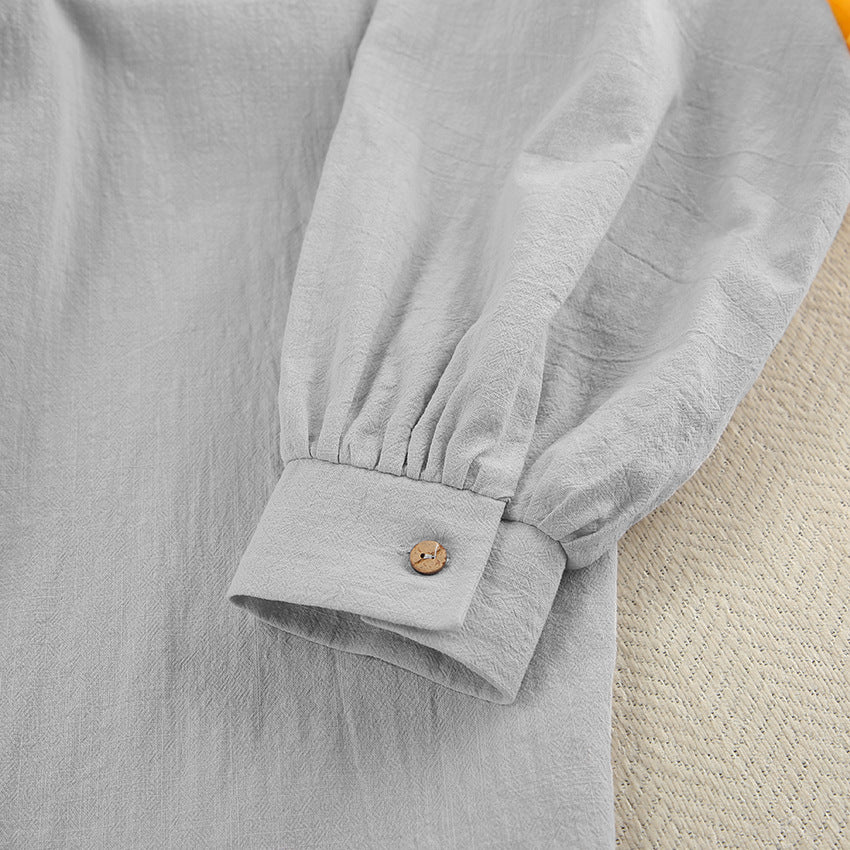 Gray long-sleeved shirt with buttoned cuff for loose casual cotton pajamas collection