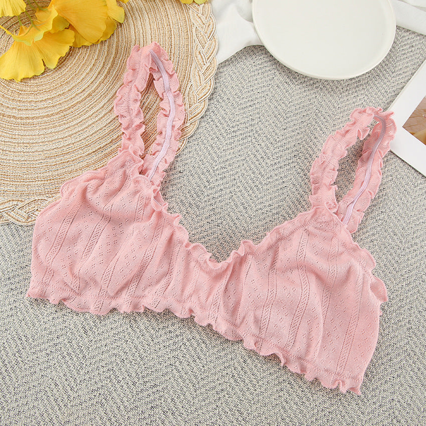Pink ruffled bralette with perforated vertical stripes from Knit Breathable Long Sleeve Pajamas Women Fashion