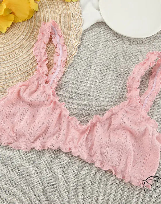 Pink ruffled bralette with perforated stripes in breathable long fashion set