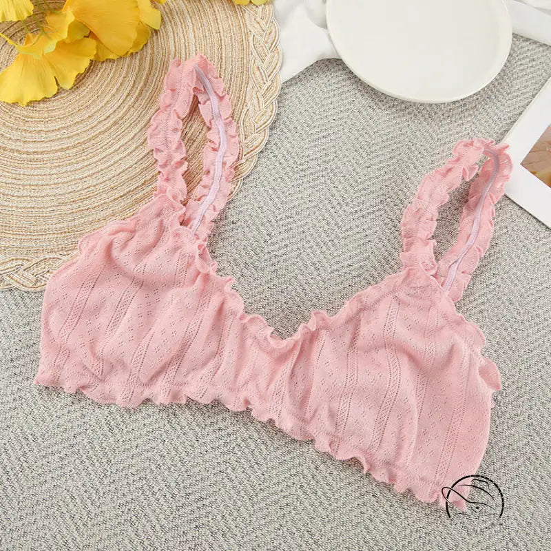 Pink ruffled bralette with perforated stripes in breathable long fashion set