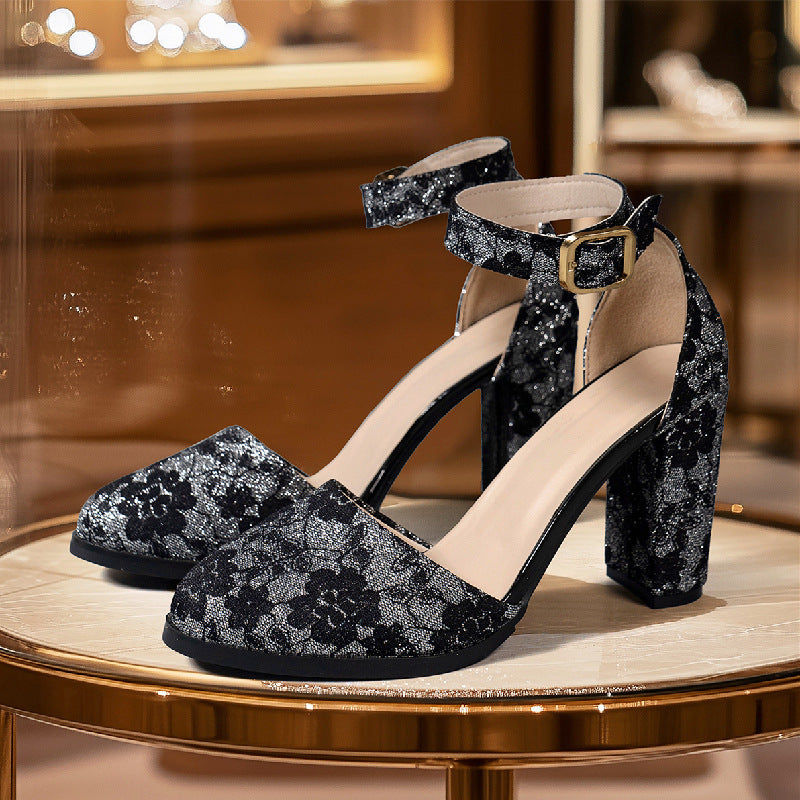Black floral ankle strap heels from Lace Closed Toe High Heel Sandals, perfect for fashion and ملابس